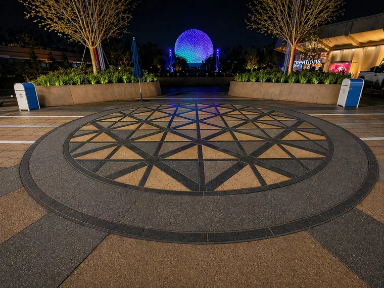 Large-scale commercial paver plaza with a decorative medallion pattern