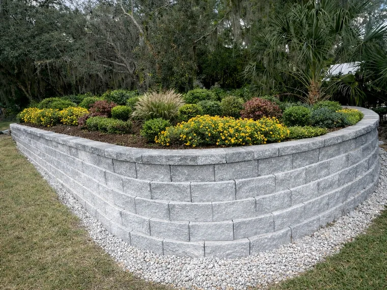 Curved stone retaining wall with a planted bed built by Alliance Pavers